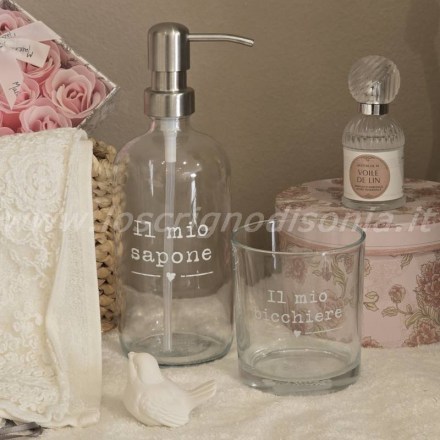 Bicchiere porta spazzolini in vetro, con scritta 'IL MIO BICCHIERE', serie My Home di Nuvole di Stoffa.